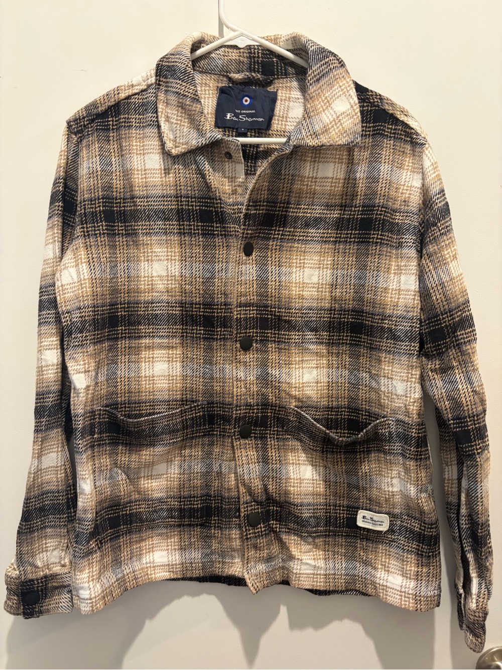 Ben Sherman Plaid Button-Up Shirt Jacket in Beige, Black & White